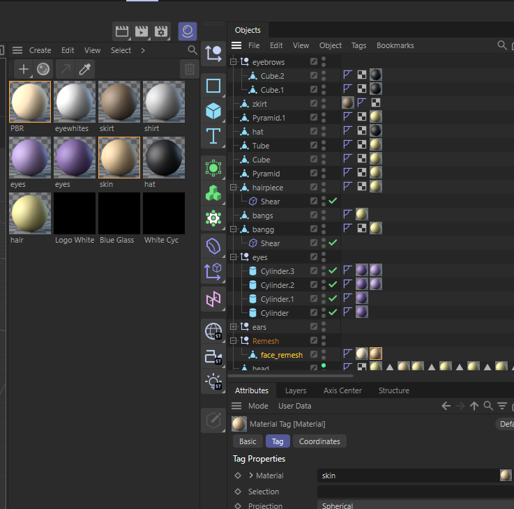 objects manager showing how the model is made